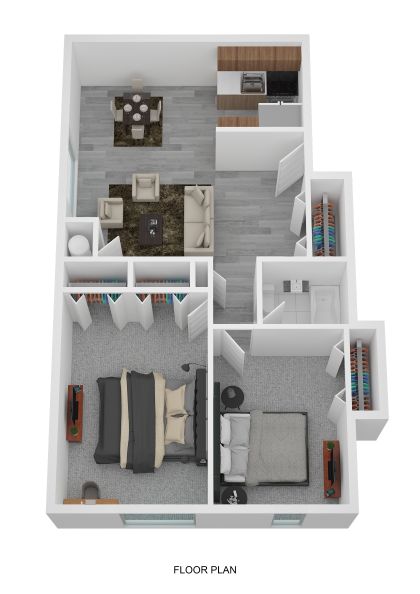 Floor plan for 2 beds, 1 bath, 766 sqft